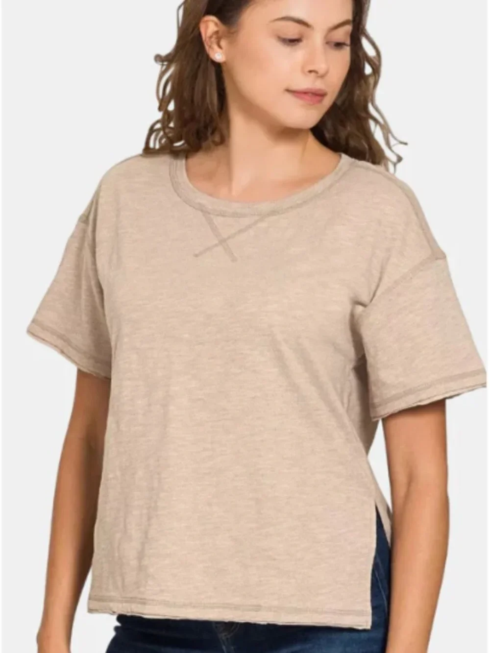 NEW Zenana 100% Cotton Relaxed Slub Short-Sleeved Top Pants Set Beige CSTP-3478 - Picture 3 of 16